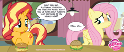 Size: 4236x1773 | Tagged: safe, derpibooru import, editor:wild stallions, fluttershy, sunset shimmer, pegasus, pony, unicorn, comic:the first incestuous foal of sunset shimmer, advertisement, blushing, burger, duo, duo female, embarrassed, explicit source, female, food, hay burger, horn, mare, my little porno: friendship with benefits, oat burger, oatburger, oats, patreon, patreon preview, preview, wavy mouth