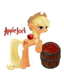 Size: 1200x1400 | Tagged: safe, artist:madokakoaki, derpibooru import, applejack, earth pony, pony, apple, applejack's hat, barrel, clothes, cowboy hat, female, food, hat, mare, simple background, solo, white background