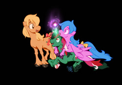 Size: 640x447 | Tagged: safe, artist:nightprince-art, derpibooru import, applejack (g1), firefly, fizzy, earth pony, pegasus, pony, unicorn, g1, black background, blue mane, blue tail, bow, glowing, glowing horn, green coat, horn, looking at each other, looking at someone, looking up, multicolored mane, multicolored tail, orange coat, orange eyes, orange mane, piggyback ride, purple coat, purple eyes, red eyes, simple background, smiling, sparkles, surprised face, tail, tail bow, unshorn fetlocks, wings, wings down