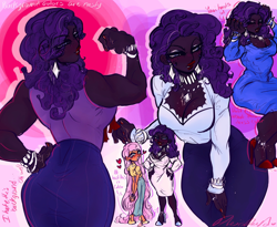 Size: 2048x1677 | Tagged: safe, artist:rare-apples, derpibooru import, fluttershy, rarity, human, blushing, clothes, dark skin, dress, ear piercing, earring, female, high heels, humanized, jewelry, muscles, muscular female, necklace, piercing, ripped rarity, shirt, shoes, skirt