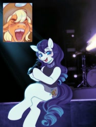 Size: 1500x2000 | Tagged: safe, artist:pinxpony, derpibooru import, applejack, coloratura, earth pony, semi-anthro, bereal., blushing, clothes, drum kit, drums, eyes closed, female, lights, mare, meme, microphone, musical instrument, picture-in-picture, ponified, ponified meme, screaming, shirt, singing, sitting, skirt, stage, teeth