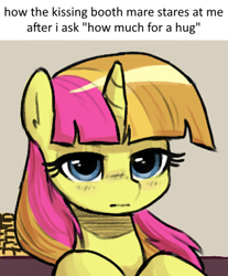 Size: 315x380 | Tagged: safe, artist:plunger, derpibooru import, sweetcream scoops, pony, unicorn, cute, female, horn, imported from twibooru, kissing booth, lidded eyes, looking at you, mare, meme, ponified, ponified meme, solo