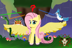 Size: 1200x800 | Tagged: safe, artist:thornygiggles, derpibooru import, fluttershy, big cat, bird, blue jay, pegasus, pony, snake, tiger, female, large wings, looking at you, mare, question mark, solo, spread wings, unshorn fetlocks, wings