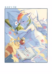 Size: 2000x2828 | Tagged: safe, artist:xieyanbbb, rainbow dash, tank, pegasus, apple, bed, bedroom, bedsheets, book, chips, duo, food, heart, morning, sleeping, solo focus, speech bubble, time, timestamp