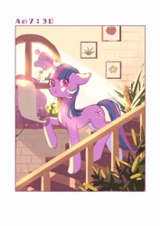 Size: 2000x2828 | Tagged: safe, artist:xieyanbbb, twilight sparkle, unicorn twilight, pony, unicorn, crepuscular rays, female, horn, magic, mare, morning, parchment, photo frame, plant, raised hoof, raised leg, scroll, smiling, solo, stairs, text, time, timestamp, window