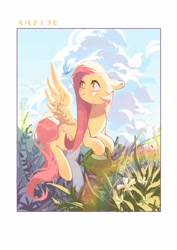 Size: 2000x2828 | Tagged: safe, artist:xieyanbbb, fluttershy, butterfly, pegasus, cloud, cloudy, cottagecore, female, flying, grass, mare, morning, outdoors, sky, solo, time, timestamp, watering can, wrong eye color