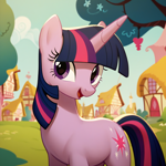Size: 1024x1024 | Tagged: safe, ai content, twilight sparkle, unicorn twilight, pony, unicorn, blue sky, female, looking at you, mare, open mouth, open smile, ponyville, prompter needed, smile, smiling, smiling at you, tree