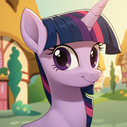 Size: 1024x1024 | Tagged: safe, ai content, twilight sparkle, female, looking at you, mare, ponyville, smile, smiling, smiling at you, solo, solo female