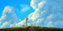 Size: 2161x1080 | Tagged: safe, ai content, machine learning generated, applejack, blue sky, cloud, cottagecore, countryside, landscape, prompter needed, sweet apple acres, windmill