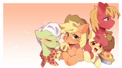Size: 1920x1080 | Tagged: safe, artist:糖希, apple bloom, applejack, earth pony, pony, adorabloom, apple family, blushing, cute, female, filly, foal, gradient background, looking at you, male, mare, open mouth, pie, smiling, stallion, straw in mouth, text
