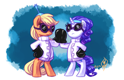 Size: 1350x875 | Tagged: safe, artist:whitediamonds, derpibooru import, applejack, rarity, earth pony, pony, unicorn, g4, bipedal, clothes, cosplay, costume, crossover, disney, duo, duo female, female, freckles, goggles, horn, kronk, lab coat, lesbian, mare, rarijack, rarijack daily, shipping, signature, tail, the emperor's new groove, yzma