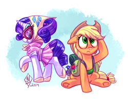 Size: 1750x1350 | Tagged: safe, artist:whitediamonds, derpibooru import, applejack, rarity, earth pony, pony, unicorn, g4, season 3, sleepless in ponyville, applejack's hat, bipedal, camping outfit, clothes, cowboy hat, dress, duo, duo female, ears, female, floppy ears, freckles, frown, glasses, hat, horn, lesbian, mare, raised hoof, raised leg, rarijack, rarijack daily, shipping, signature, sitting, smiling, sunglasses, tumblr, underhoof