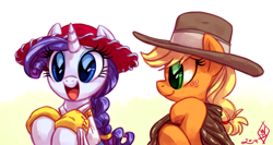 Size: 1500x800 | Tagged: safe, artist:whitediamonds, derpibooru import, applejack, rarity, earth pony, pony, unicorn, g4, alternate hairstyle, braid, braided ponytail, clothes, cute, disney, duo, duo female, female, freckles, hat, horn, jackabetes, jessie (toy story), lesbian, looking at someone, mare, open mouth, open smile, pixar, ponytail, profile, raribetes, rarijack, rarijack daily, shipping, signature, simple background, smiling, the man with no name, toy story, toy story 2, white background
