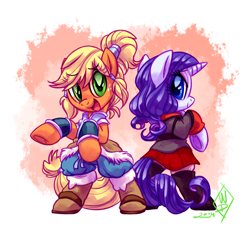 Size: 1450x1350 | Tagged: safe, artist:whitediamonds, derpibooru import, applejack, rarity, earth pony, pony, unicorn, g4, alternate hairstyle, asami sato, bipedal, clothes, cosplay, costume, crossover, duo, duo female, eyebrows, eyebrows visible through hair, female, freckles, hatless, horn, korra, korrasami, lesbian, looking at you, looking back, looking back at you, mare, missing accessory, open mouth, open smile, parody, rarijack, rarijack daily, rearing, shipping, signature, smiling, smiling at you, tail, the legend of korra, underhoof