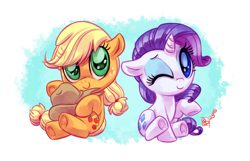 Size: 1400x900 | Tagged: safe, artist:whitediamonds, derpibooru import, applejack, rarity, earth pony, pony, unicorn, g4, applejack's hat, chibi, clothes, cowboy hat, cute, duo, duo female, ears, eyebrows, eyeshadow, female, filly, filly applejack, filly rarity, floppy ears, foal, freckles, hat, horn, jackabetes, lesbian, looking at you, makeup, one eye closed, raribetes, rarijack, rarijack daily, shipping, signature, sitting, smiling, smiling at you, tail, underhoof, wink, winking at you, younger