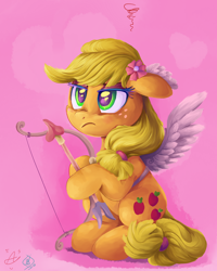 Size: 2400x3000 | Tagged: safe, artist:aquaticsun, artist:whitediamonds, derpibooru import, applejack, earth pony, pony, collaboration, g4, arrow, bow (weapon), bow and arrow, cupid, fake wings, female, flower, flower in hair, freckles, frown, hatless, heart arrow, high res, makeup, mare, missing accessory, signature, sitting, solo, unamused, weapon
