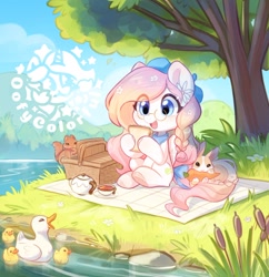 Size: 800x825 | Tagged: safe, artist:colorfulcolor233, derpibooru import, bird, duck, pegasus, pony, squirrel, basket, braid, carrot, cup, eating, food, glasses, picnic basket, picnic blanket, sandwich, solo, teacup, teapot, tree, water