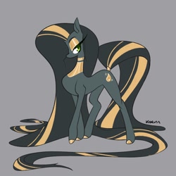 Size: 3000x3000 | Tagged: safe, artist:kaenn, derpibooru import, oc, oc only, oc:golden tears, earth pony, pony, earth pony oc, gray background, impossibly long mane, long mane, long tail, simple background, slender, solo, tail, thin