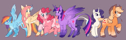 Size: 2048x662 | Tagged: safe, alternate version, artist:churrokat, derpibooru import, applejack, fluttershy, pinkie pie, rainbow dash, rarity, twilight sparkle, twilight sparkle (alicorn), alicorn, classical unicorn, earth pony, pegasus, pony, unicorn, g4, alternate color palette, alternate design, alternate tailstyle, applejack's hat, applejacked, back fluff, blaze (coat marking), blonde, blonde mane, blonde tail, blue coat, blue eyes, body freckles, butt fluff, chest fluff, chubby, clothes, cloven hooves, coat markings, colored, colored belly, colored ears, colored eartips, colored hooves, colored horn, colored muzzle, colored wings, colored wingtips, cowboy hat, curly hair, curly mane, curly tail, curved horn, determined look, eyelashes, facial markings, female, flat colors, fluffy, freckles, gradient ears, gradient horn, gradient wings, green eyes, hat, height difference, horn, jumping, large wings, leg fluff, leg freckles, leonine tail, long horn, long legs, long mane, long tail, looking down, mane six, mare, mealy mouth (coat marking), motion lines, multicolored hair, multicolored mane, multicolored tail, muscles, narrowed eyes, one eye closed, orange coat, pale belly, partially open wings, physique difference, pink coat, pink eyes, pink mane, pink tail, ponytail, purple background, purple coat, purple eyes, purple mane, purple tail, rainbow hair, rainbow tail, redesign, ringlets, signature, simple background, smiling, smoldash, socks (coat marking), sparkly mane, sparkly tail, sparkly wings, splotches, spread wings, standing, star (coat marking), straight mane, straight tail, straw in mouth, tail, tail fluff, tallershy, thin, thin legs, tied mane, tied tail, two toned wings, unicorn horn, unshorn fetlocks, wall of tags, wavy mane, wavy tail, white coat, wide stance, wing fluff, wingding eyes, wings, wink, yellow coat