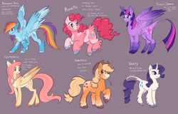 Size: 2048x1307 | Tagged: safe, alternate version, artist:churrokat, derpibooru import, applejack, fluttershy, pinkie pie, rainbow dash, rarity, twilight sparkle, twilight sparkle (alicorn), alicorn, classical unicorn, earth pony, pegasus, pony, unicorn, g4, alternate color palette, alternate design, alternate tailstyle, applejack's hat, applejacked, back fluff, blaze (coat marking), blonde, blonde mane, blonde tail, blue coat, blue eyes, body freckles, butt fluff, chest fluff, chubby, clothes, cloven hooves, coat markings, colored, colored belly, colored ears, colored eartips, colored hooves, colored horn, colored muzzle, colored wings, colored wingtips, cowboy hat, curly hair, curly mane, curly tail, curved horn, determined look, eyelashes, facial markings, female, flat colors, fluffy, freckles, gradient ears, gradient horn, gradient wings, green eyes, hat, headcanon, height difference, horn, jumping, large wings, leg fluff, leg freckles, leonine tail, long horn, long legs, long mane, long tail, looking down, mane six, mare, mealy mouth (coat marking), motion lines, multicolored hair, multicolored mane, multicolored tail, muscles, narrowed eyes, one eye closed, orange coat, pale belly, partially open wings, physique difference, pink coat, pink eyes, pink mane, pink tail, ponytail, purple background, purple coat, purple eyes, purple mane, purple tail, rainbow hair, rainbow tail, redesign, ringlets, signature, simple background, smiling, smoldash, socks (coat marking), sparkly mane, sparkly tail, sparkly wings, splotches, spread wings, standing, star (coat marking), straight mane, straight tail, straw in mouth, tail, tail fluff, tallershy, text, thin, thin legs, tied mane, tied tail, two toned wings, unicorn horn, unshorn fetlocks, wall of tags, wavy mane, wavy tail, white coat, white text, wide stance, wing fluff, wingding eyes, wings, wink, yellow coat