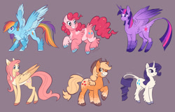 Size: 2048x1307 | Tagged: safe, alternate version, artist:churrokat, derpibooru import, applejack, fluttershy, pinkie pie, rainbow dash, rarity, twilight sparkle, twilight sparkle (alicorn), alicorn, classical unicorn, earth pony, pegasus, pony, unicorn, g4, alternate color palette, alternate design, alternate tailstyle, applejack's hat, applejacked, back fluff, blaze (coat marking), blonde, blonde mane, blonde tail, blue coat, blue eyes, body freckles, butt fluff, chest fluff, chubby, clothes, cloven hooves, coat markings, colored, colored belly, colored ears, colored eartips, colored hooves, colored horn, colored muzzle, colored wings, colored wingtips, cowboy hat, curly hair, curly mane, curly tail, curved horn, determined look, eyelashes, facial markings, female, flat colors, fluffy, freckles, gradient ears, gradient horn, gradient wings, green eyes, hat, height difference, horn, jumping, large wings, leg fluff, leg freckles, leonine tail, long horn, long legs, long mane, long tail, looking down, mane six, mare, mealy mouth (coat marking), motion lines, multicolored hair, multicolored mane, multicolored tail, muscles, narrowed eyes, one eye closed, orange coat, pale belly, partially open wings, physique difference, pink coat, pink eyes, pink mane, pink tail, ponytail, purple background, purple coat, purple eyes, purple mane, purple tail, rainbow hair, rainbow tail, redesign, ringlets, signature, simple background, smiling, smoldash, socks (coat marking), sparkly mane, sparkly tail, sparkly wings, splotches, spread wings, standing, star (coat marking), straight mane, straight tail, straw in mouth, tail, tail fluff, tallershy, thin, thin legs, tied mane, tied tail, two toned wings, unicorn horn, unshorn fetlocks, wall of tags, wavy mane, wavy tail, white coat, wide stance, wing fluff, wingding eyes, wings, wink, yellow coat