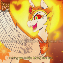 Size: 900x900 | Tagged: safe, artist:zeldaprincessgirl100, derpibooru import, daybreaker, alicorn, pony, g4, 90s anime, anime style, concave belly, fangs, female, mare, obtrusive watermark, open mouth, open smile, slender, smiling, solo, spread wings, subtitles, thin, tv rating, watermark, wings