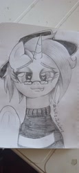 Size: 1844x4000 | Tagged: safe, artist:chakiz zukulenz, derpibooru import, oc, oc only, oc:chakiz zukulenz, pony, unicorn, clothes, cute, diabetes, drawing, glasses, hat, heart, heart eyes, horn, looking at you, photo, solo, sweater, traditional art, wingding eyes