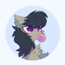 Size: 2300x2300 | Tagged: safe, artist:mirtash, derpibooru import, octavia melody, earth pony, pony, g4, blue background, bubblegum, bust, eye clipping through hair, eyebrows, eyebrows visible through hair, eyelashes, female, fluffy, food, gum, high res, lidded eyes, looking up, mare, passepartout, simple background, solo