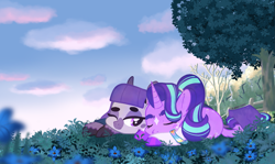 Size: 1983x1185 | Tagged: safe, artist:aeon-arts, derpibooru import, maud pie, starlight glimmer, earth pony, pony, unicorn, g4, alternate design, cloud, cloven hooves, coat markings, duo, duo female, eyes closed, facial markings, female, fence, flower, hill, horn, lesbian, lying down, mare, nap, one eye closed, outdoors, prone, shipping, sky, sleeping, sleeping together, snip (coat marking), socks (coat marking), star (coat marking), starmaud, tree, unshorn fetlocks