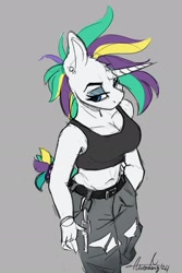 Size: 1567x2351 | Tagged: dead source, safe, artist:aurorafang, derpibooru import, rarity, anthro, unicorn, g4, alternate hairstyle, breasts, cleavage, clothes, female, gray background, horn, midriff, punk, raripunk, raritits, simple background, solo