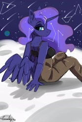 Size: 1567x2351 | Tagged: safe, artist:aurorafang, derpibooru import, princess luna, alicorn, anthro, g4, constellation, constellation hair, female, on the moon, shooting star, solo