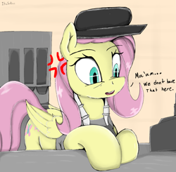 Size: 1491x1464 | Tagged: safe, artist:itzsirrice, derpibooru import, fluttershy, pegasus, pony, g4, cash register, cashier, clothes, cross-popping veins, dead eyes, dialogue, emanata, eye twitch, female, folded wings, hat, mare, open mouth, solo, text, wings