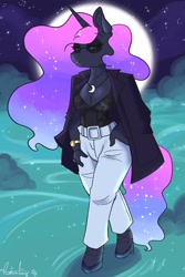 Size: 1567x2351 | Tagged: safe, artist:aurorafang, derpibooru import, princess luna, alicorn, anthro, unguligrade anthro, g4, female, solo, sunglasses