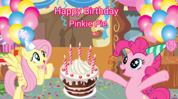 Size: 3475x1942 | Tagged: safe, artist:lizzmcclin, derpibooru import, fluttershy, pinkie pie, earth pony, pegasus, g4, balloon, cake, candle, duo, duo female, female, food, happy birthday, hat, party hat, pinkie pie's birthday, starry eyes, sugarcube corner, wingding eyes