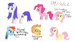 Size: 1280x720 | Tagged: safe, artist:zoeyhorse, derpibooru import, applejack, fluttershy, pinkie pie, rainbow dash, oc, oc:eilidh, earth pony, pegasus, pony, unicorn, blank stare, bust, female, frown, horn, implied cryptocurrency, implied lesbian, implied spike, mare, simple background, white background
