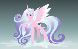 Size: 7128x4455 | Tagged: safe, artist:feather_bloom, derpibooru import, princess flurry heart, alicorn, pony, g4, armor, commission, corrupted, corrupted flurry heart, evil, evil flurry heart, evil grin, fangs, flowing mane, frozen heart, gradient background, grin, ice, nightmare flurry heart, smiling, solo, sparkly mane, sparkly tail, tail