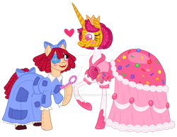 Size: 1013x788 | Tagged: safe, artist:moondeer1616, derpibooru import, candy pony, earth pony, food pony, hagwarders, object pony, original species, pony, unicorn, blushing, bow, button eyes, candy, clothes, crown, deviantart watermark, doll, doll pony, dress, duo, duo female, female, food, hair bow, heart, holding, horn, jewelry, key, lollipop, looking at each other, looking at someone, mare, obtrusive watermark, patch, ponified, princess, princess loolilalu, ragatha, ragdoll, raised hoof, raised leg, regalia, simple background, smiling, smiling at each other, species swap, sprinkles, stitches, tail, tail bow, the amazing digital circus, toy, transparent background, watermark, wavy mouth