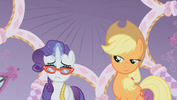 Size: 1280x720 | Tagged: safe, derpibooru import, edit, edited screencap, editor:twilyisbestpone, screencap, applejack, rarity, earth pony, pony, unicorn, g4, season 1, suited for success, amused, applejack is amused, carousel boutique, duo, duo female, female, glasses, horn, inverted mouth, lidded eyes, magic, mare, measuring tape, rarity's glasses, smiling