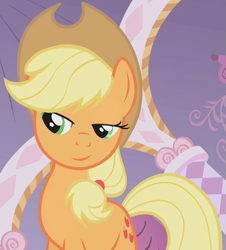 Size: 525x580 | Tagged: safe, derpibooru import, edit, edited screencap, editor:twilyisbestpone, screencap, applejack, earth pony, pony, g4, season 1, suited for success, amused, applejack is amused, carousel boutique, cropped, female, inverted mouth, lidded eyes, mare, smiling, solo