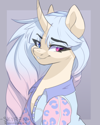 Size: 2000x2500 | Tagged: safe, artist:skyboundsiren, derpibooru import, oc, oc only, oc:zoe, pony, unicorn, bust, clothes, curved horn, eye clipping through hair, female, gradient background, gradient mane, horn, jacket, mare, portrait, raffle prize, sketch, smiling, solo