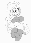 Size: 2449x3446 | Tagged: safe, artist:pabbley, derpibooru import, rainbow dash, pegasus, pony, g4, belly button, black and white, blush lines, blushing, choker, chubby, clothes, cute, dashabetes, female, grayscale, mare, monochrome, simple background, sitting, solo, stockings, thigh highs, thighs, thunder thighs, underhoof, white background, wide hips