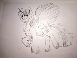 Size: 1500x1125 | Tagged: safe, artist:cluterdrop, derpibooru import, twilight sparkle, twilight sparkle (alicorn), alicorn, pony, g4, bipedal, chest fluff, cloven hooves, eyebrows, eyebrows visible through hair, female, grayscale, lidded eyes, mare, monochrome, pencil drawing, signature, solo, spread wings, traditional art, unshorn fetlocks, wings