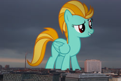 Size: 1600x1067 | Tagged: safe, artist:pasuri98, derpibooru import, edit, editor:jaredking779, lightning dust, pegasus, pony, g4, attack on pony, berlin, female, folded wings, germany, giant pony, giantess, grin, highrise ponies, irl, macro, mare, photo, ponies in real life, red eyes, smiling, solo, story included, vulgar description, wings