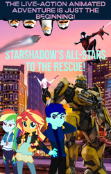 Size: 1550x2420 | Tagged: safe, artist:robertsonskywa1, derpibooru import, rainbow dash, sunset shimmer, oc, oc:starshadow skystalker, bird, human, penguin, robot, equestria girls, g4, blouse, book cover, bumblebee (transformers), chip and dale rescue rangers, clothes, cover, crossover, cybertronian, denim, dreamworks, hoodie, jacket, jeans, kowalski, leather jacket, logo, marvel, miles morales, pants, photo, private (madagascar), real life background, rico, shirt, skipper, spider-man, spider-man: across the spider-verse, t-shirt, text, the penguins of madagascar, transformers, wattpad