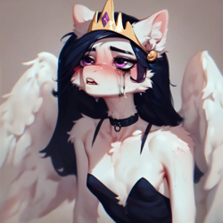 Size: 4096x4096 | Tagged: safe, ai content, derpibooru import, generator:pony diffusion v6 xl, generator:stable diffusion, machine learning generated, oc, oc only, anthro, pegasus, anthro oc, blushing, breasts, choker, clothes, crown, crying, delicious flat chest, female, gothic, jewelry, makeup, mare, prompter:sundear, regalia, running makeup, seductive, small breasts, solo, spread wings, strapless, tiara, wings