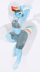 Size: 1674x3000 | Tagged: safe, artist:fugaamr, derpibooru import, rainbow dash, anthro, pegasus, unguligrade anthro, g4, arm behind head, armpits, belly button, breasts, clothes, compression shorts, cutie mark accessory, cutie mark necklace, dock, female, goggles, goggles on head, jewelry, mare, midriff, necklace, one eye closed, reasonably sized breasts, smiling, solo, standing, standing on one leg, stretching, tail, unshorn fetlocks, wingless, wingless anthro, zoom layer