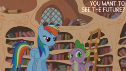 Size: 2000x1125 | Tagged: safe, derpibooru import, edit, edited screencap, editor:quoterific, screencap, rainbow dash, spike, g4, it's about time, duo, duo male and female, female, golden oaks library, ladder, male