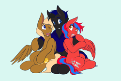 Size: 2048x1365 | Tagged: safe, artist:mscolorsplash, derpibooru import, oc, oc only, earth pony, pegasus, pony, clothes, commission, female, grin, group hug, hoodie, hug, light blue background, male, mare, one eye closed, open mouth, open smile, simple background, smiling, stallion, trio