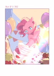 Size: 2000x2828 | Tagged: safe, artist:xieyanbbb, derpibooru import, pinkie pie, earth pony, pony, g4, apple, baking, balloon, bowl, female, food, mare, morning, smiling, solo, strawberry, table, text