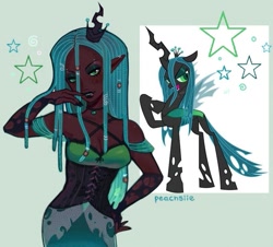 Size: 851x768 | Tagged: safe, artist:peachsiie, derpibooru import, queen chrysalis, changeling, changeling queen, human, pony, g4, clothes, corset, dark skin, ear piercing, earring, fangs, female, gloves, humanized, jewelry, mare, necklace, piercing, regalia, solo